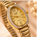 Relógio Feminino DHP Dourado com Pedrarias – Caixa Oval e Pulseira Elástica - Imagem 3