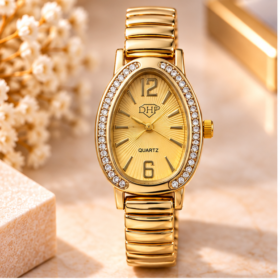 Relógio Feminino DHP Dourado com Pedrarias – Caixa Oval e Pulseira Elástica